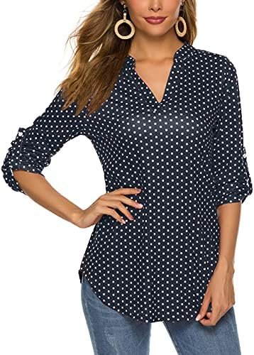 Women's Roll Up 3/4 Sleeve Floral Print V Neck Tunic Blouses Tops Shirts